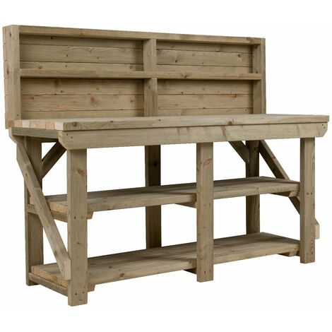 Indoor/outdoor workbench pressure treated station (H-90cm, D-64cm, L-300cm) with back panel and double shelf