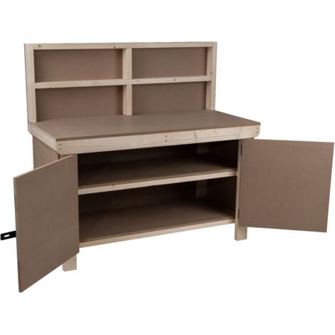 Wooden MDF Top Workbench With Lockable Cupboard (V.9) (H-90cm, D-70cm, L-180cm) with back panel and double shelf