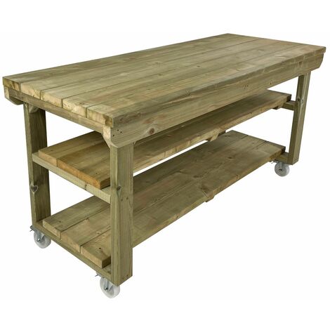 Wooden Super Heavy Duty Indoor / Outdoor Workbench , 3ft (90cm) With wheels and Double shelf