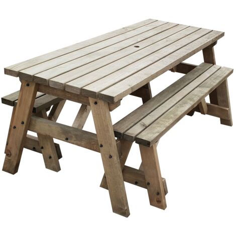 3ft (90cm) Picnic table and bench set, rustic brown finish, Victoria compact square corners