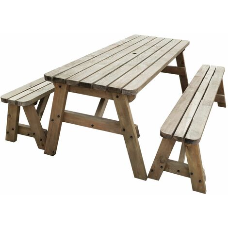 8ft (240cm) Picnic table and bench set, rustic brown finish, Victoria rounded corners