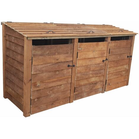 Wooden wheelie bin storage, for triple 240l waste bins (brown finish)