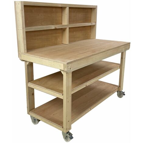 Wooden Eucalyptus PLY Top Workbench, 6ft (180cm) With back panel, wheels and Double shelf