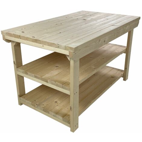 Rotem Wooden Kiln-Dry Workbench, 3ft(90cm) Depth, 6ft(180cm) length, Double shelf