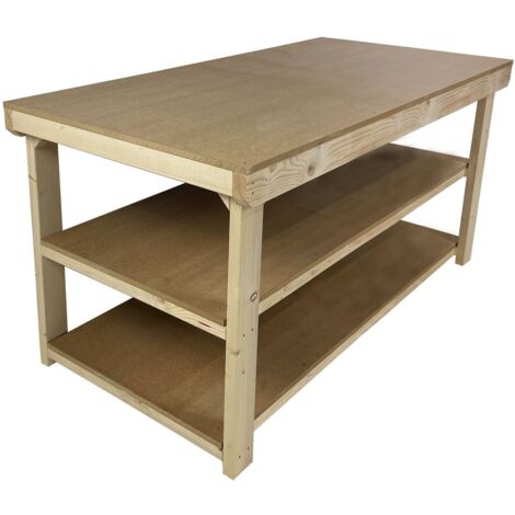 Workbench MDF top, large heavy-duty table (H-90cm, D-120cm, L-150cm) with double shelf