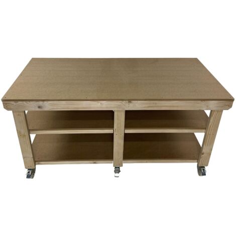 Workbench MDF top, large heavy-duty table (H-90cm, D-120cm, L-210cm) with wheels and double shelf