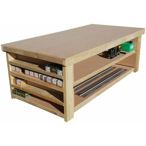 Wooden MDF Top Workbench with Extra shelving, 4ft(120cm) Depth, 5ft(150cm) length, With wheels and Double shelf