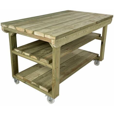 Wooden Super Heavy Duty Indoor / Outdoor Workbench, 3ft(90cm) Depth, 4ft(120cm) length, With wheels and Double shelf