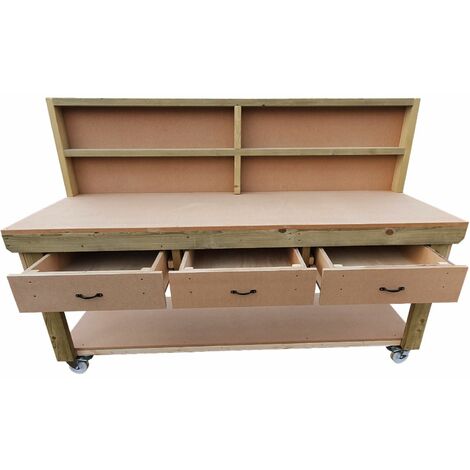 Wooden MDF Top Workbench With Drawers (V1), 8ft (240cm) With back panel