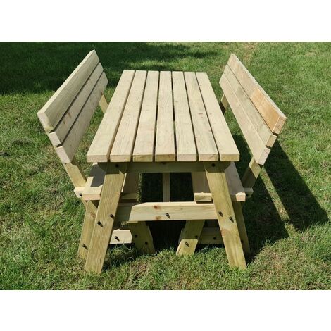 7ft (210cm) Picnic table and bench set, natural (light-green) finish, Victoria compact with backrest square corners
