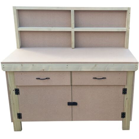 Wooden MDF top storage workbench with lockable cupboard and drawers (V.4) (H-90cm, D-70cm, L-120cm) with back