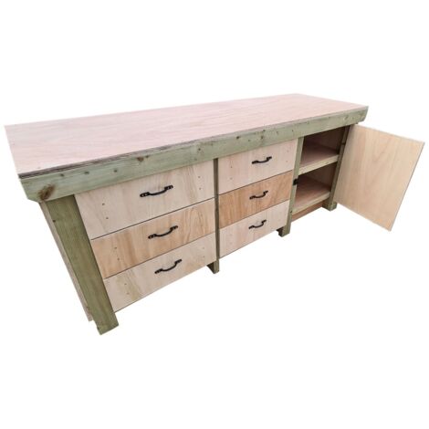 Wooden Eucalyptus hardwood top workbench, cabinet with lockable cupboard (V3) (H-90cm, D-70cm, L-240cm) double shelf
