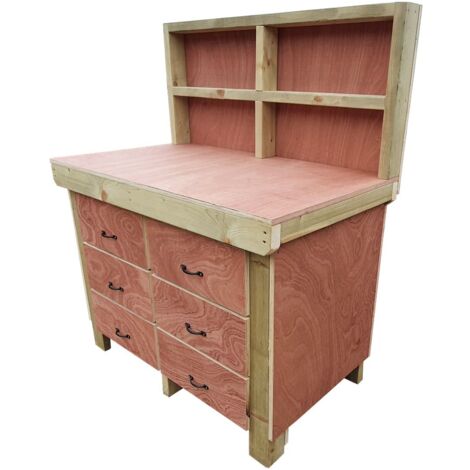 Wooden Eucalyptus hardwood top workbench, tool cabinet with drawers (V.2) (H-90cm, D-70cm, L-120cm) with back