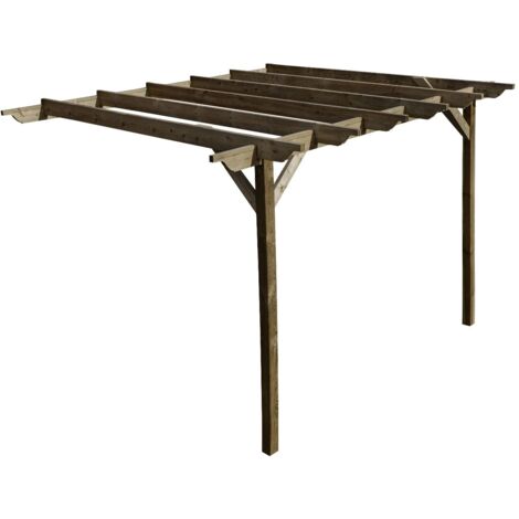 Lean to wooden garden pergola kit - Sculpted design wall mounted gazebo, 3m x 4.2m (Rustic brown finish)