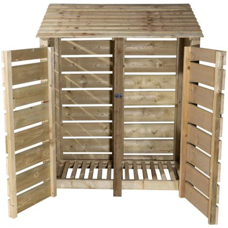 Slatted wooden log store with door W-146cm, H-180cm, D-88cm - natural (light green) finish