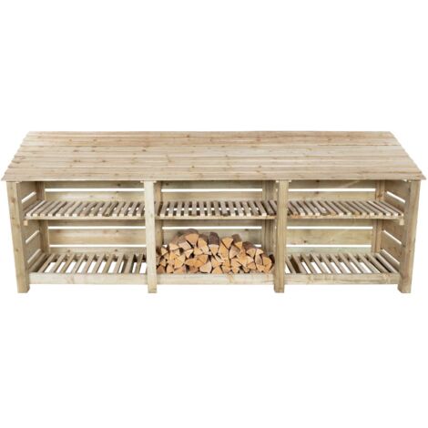 Slatted wooden log store with kindling shelf W-335cm, H-126cm, D-88cm - natural (light green) finish