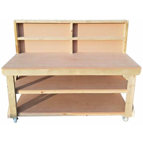 MDF top workbench (H-90cm, D-70cm, L-120cm) with back panel, double shelf and wheels
