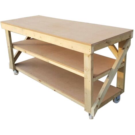 MDF top workbench (H-90cm, D-70cm, L-210cm) double shelf and wheels