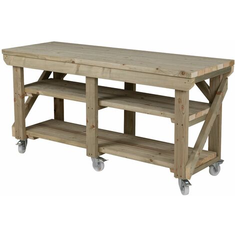 Indoor/outdoor workbench pressure treated station (H-90cm, D-64cm, L-300cm) double shelf and wheels