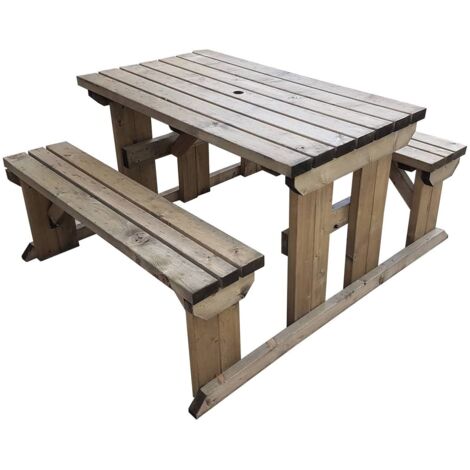 4ft (120cm) Picnic table and bench set, rutic brown finish, Abies square corners