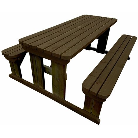 8ft (240cm) Picnic table and bench set, rutic brown finish, Abies rounded corners