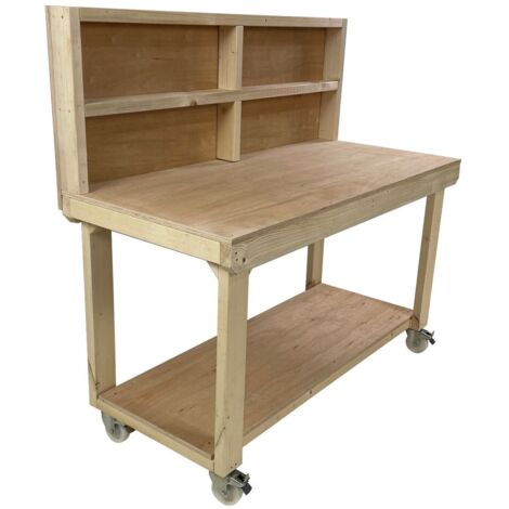 Wooden Eucalyptus PLY Top Workbench, 4ft (120cm) With back panel and wheels