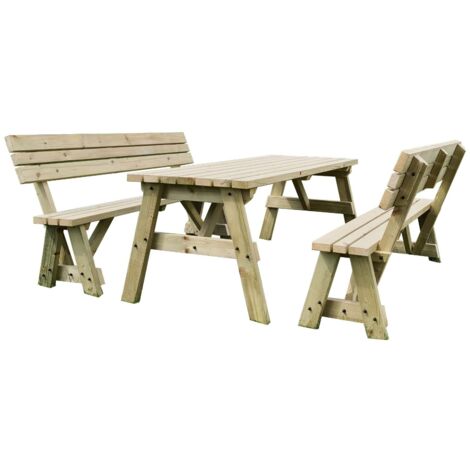 5ft (150cm) Picnic table and bench set, natural (light-green) finish, Victoria with backrest square corners