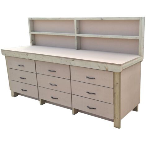 Wooden MDF top workbench, tool cabinet with drawers (V.2) (H-90cm, D-70cm, L-240cm) with back