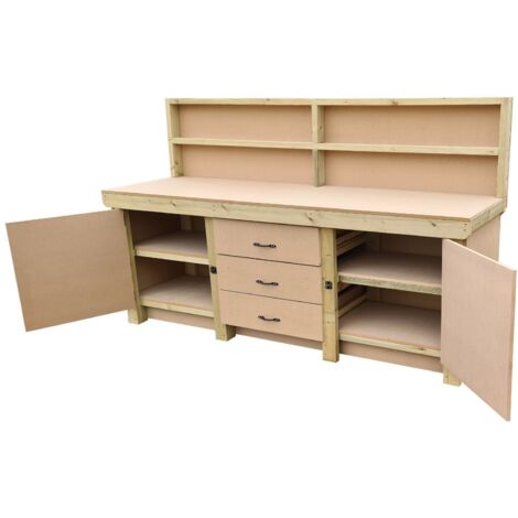 Wooden work bench with drawers and double lockable cupboard (V.8) (H-90cm, D-70cm, L-210cm) with back panel and double shelf
