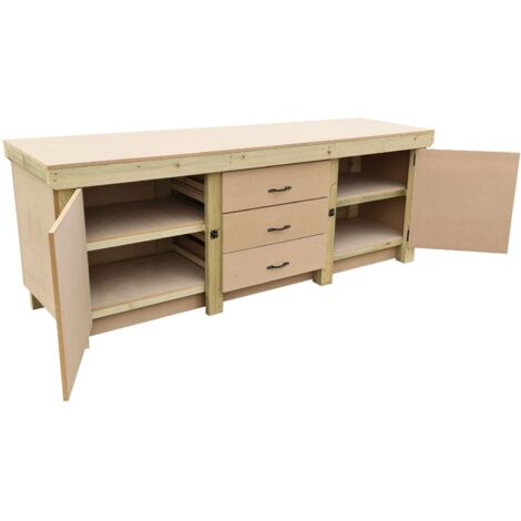 Wooden work bench with drawers and double lockable cupboard (V.8) (H-90cm, D-70cm, L-240cm) with double shelf