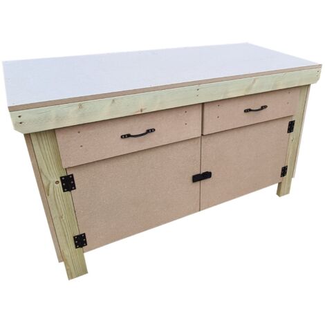Wooden MDF top storage workbench with lockable cupboard and drawers (V.4) (H-90cm, D-70cm, L-150cm)