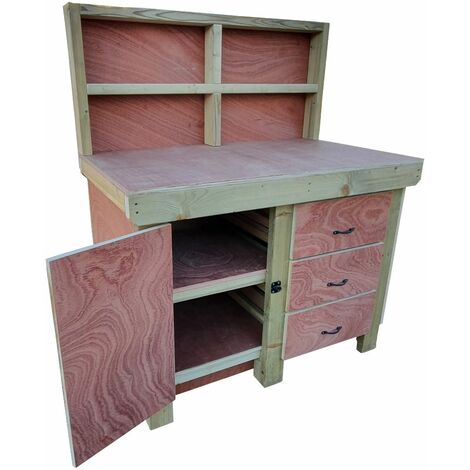 Wooden Eucalyptus hardwood top workbench, cabinet with lockable cupboard (V3) (H-90cm, D-70cm, L-180cm) with back and double shelf