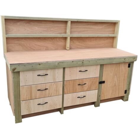 Wooden Eucalyptus hardwood top workbench, cabinet with lockable cupboard (V3) (H-90cm, D-70cm, L-210cm) with back and double shelf