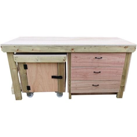 Wooden Eucalyptus hardwood top workbench with drawers and functional lockable cupboard (V.6) (H-90cm, D-70cm, L-180cm)