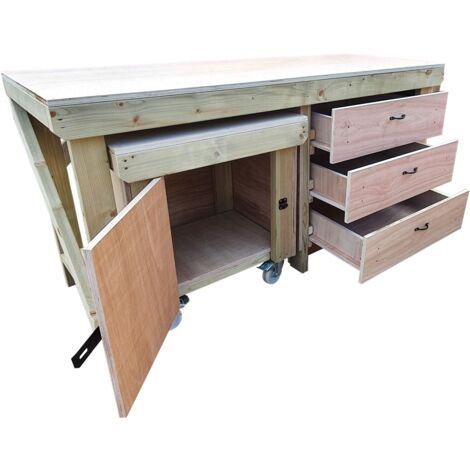 Wooden Eucalyptus hardwood top workbench with drawers and functional lockable cupboard (V.6) (H-90cm, D-70cm, L-180cm)