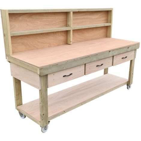 Wooden Eucalyptus hardwood top workbench, tool cabinet with drawers (V.1) (H-90cm, D-70cm, L-210cm) with back and wheels