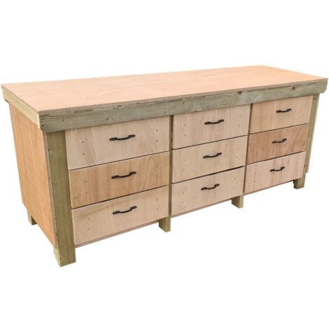 Wooden Eucalyptus hardwood top workbench, tool cabinet with drawers (V.2) (H-90cm, D-70cm, L-210cm)