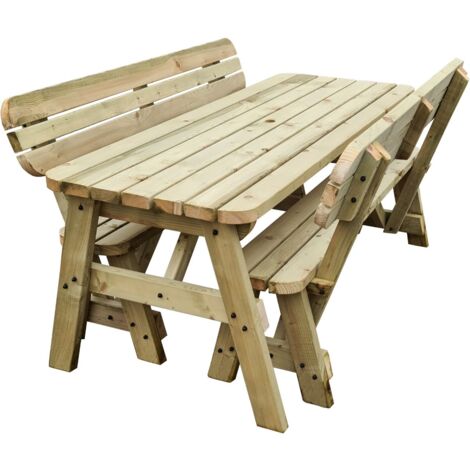 4ft (120cm) Picnic table and bench set, natural (light-green) finish, Victoria compact with backrest rounded corners