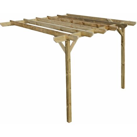 Lean to wooden garden pergola kit - Chamfered design wall mounted gazebo, 2.4m x 4.8m (Natural finish)