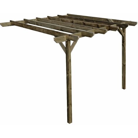Lean to wooden garden pergola kit - Chamfered design wall mounted gazebo, 2.4m x 4.8m (Natural finish)