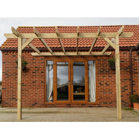 Lean to wooden garden pergola kit - Chamfered design wall mounted gazebo, 2.4m x 4.8m (Natural finish)