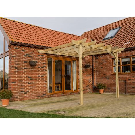 Lean to wooden garden pergola kit - Chamfered design wall mounted gazebo, 2.4m x 4.8m (Natural finish)