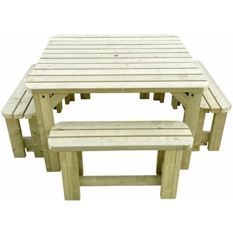 120cm x 115cm Picnic table and 4x benches set , natural (light-green), Quadrum rounded edges