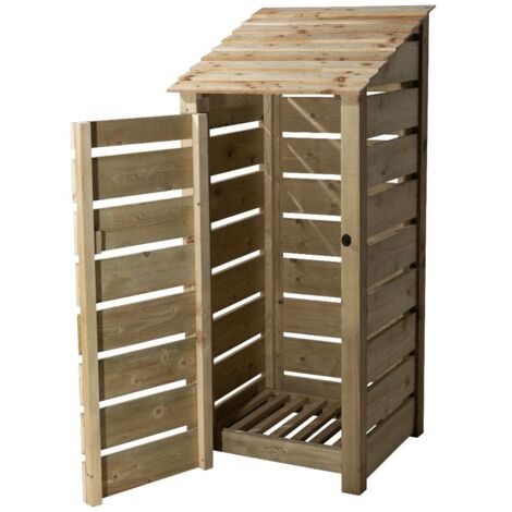 Wooden log store, Slatted timber storage with door (W-79cm, H-180cm, D-88cm) natural finish