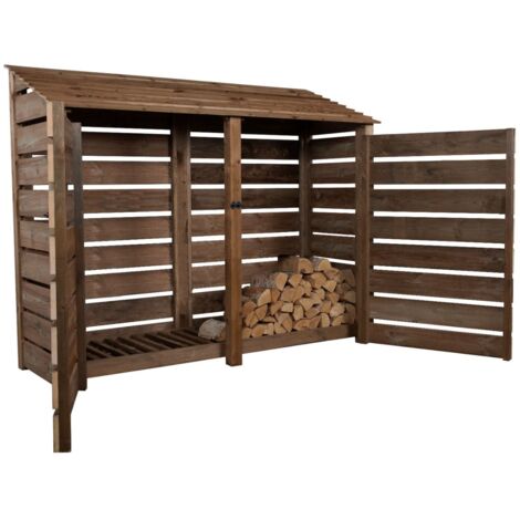 Slatted wooden log store with door W-227cm, H-180cm, D-88cm - brown finish