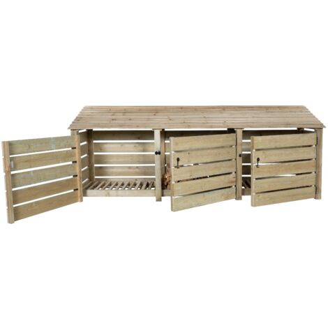 Slatted wooden log store with door W-335cm, H-126cm, D-88cm - natural (light green) finish