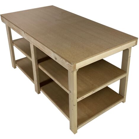 Workbench MDF top, large heavy-duty table (H-90cm, D-90cm, L-180cm) with double shelf
