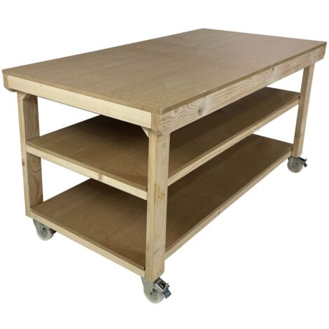 Workbench MDF top, large heavy-duty table (H-90cm, D-90cm, L-120cm) with wheels and double shelf