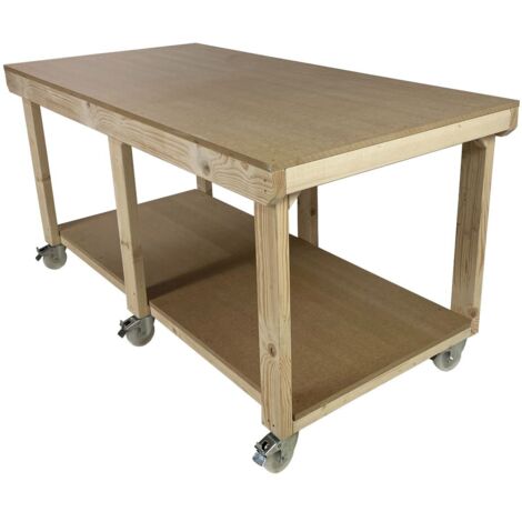 Workbench MDF top, large heavy-duty table (H-90cm, D-90cm, L-240cm) with wheels