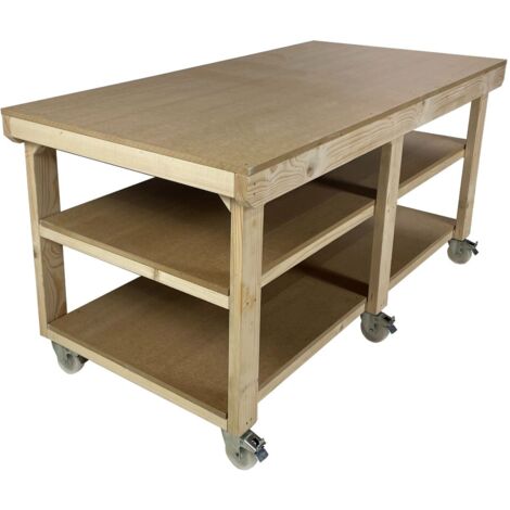 Workbench MDF top, large heavy-duty table (H-90cm, D-90cm, L-240cm) with wheels and double shelf